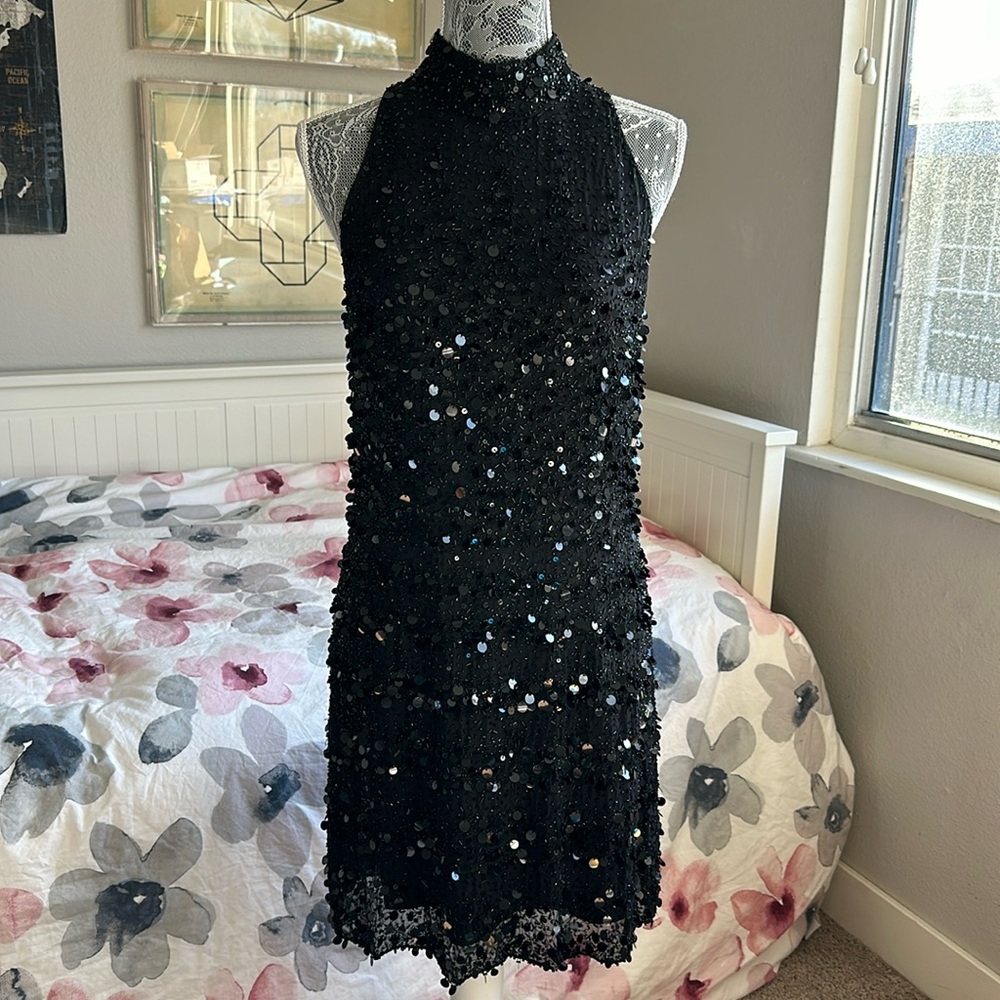 Bicici 100% Silk Sequin & Beaded Black Halter Mock Neck DiscoMini Cocktail Dress